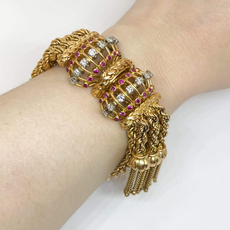 Mark Areias Jewelers Jewellery & Watches Heavy Wide Rope Tassel Diamond & Ruby Estate Bracelet 18K 138 Grams!