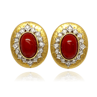 Mark Areias Jewelers Jewellery & Watches Italian Vergano Cabochon Red Coral and Diamond Omega Earrings 18KY