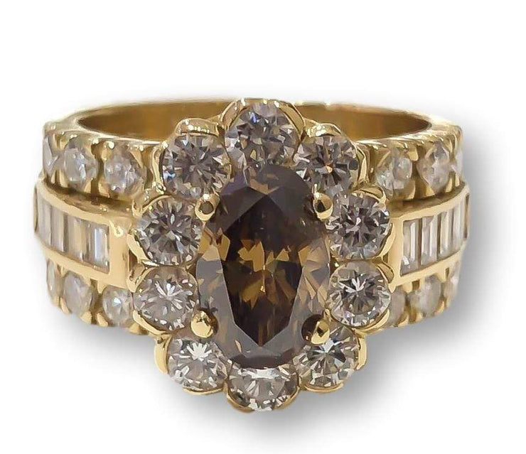 Mark Areias Jewelers Jewellery & Watches Ladies Fancy Deep Brown Oval Diamond Halo Wide Ring 1.18CT 18K Yellow Gold