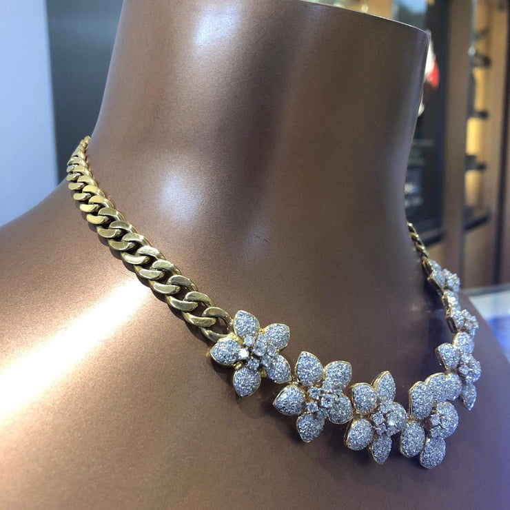 Mark Areias Jewelers Jewellery & Watches Ladies Large Diamond Pave Flower Necklace on Curb Chain 14.50ctw VS1 F-G 18K