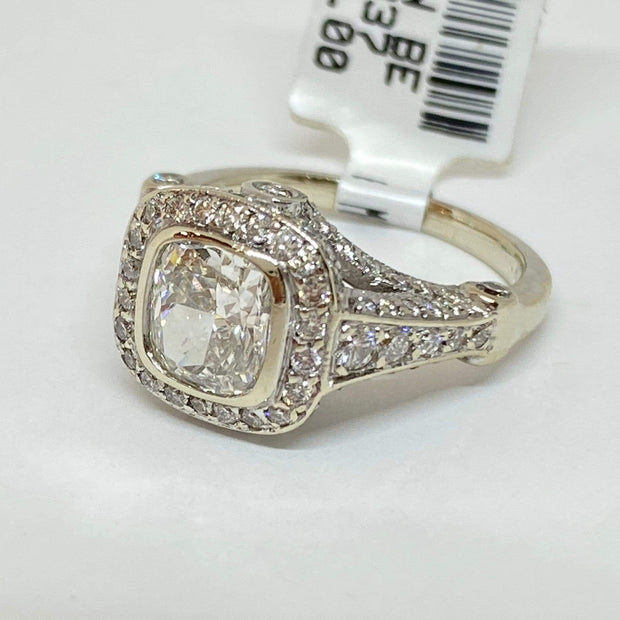 Mark Areias Jewelers Jewellery & Watches Lady's Diamond Cushion Bezel Pave Halo Engagement Wedding Ring 1.21CT 14KW GIA