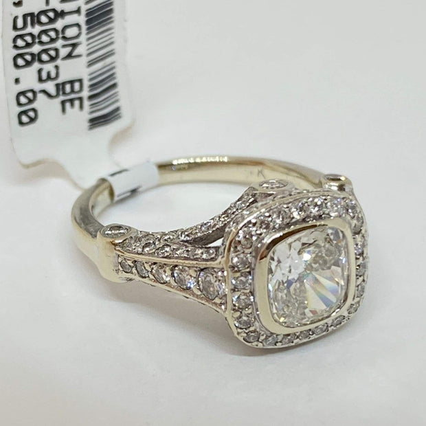 Mark Areias Jewelers Jewellery & Watches Lady's Diamond Cushion Bezel Pave Halo Engagement Wedding Ring 1.21CT 14KW GIA