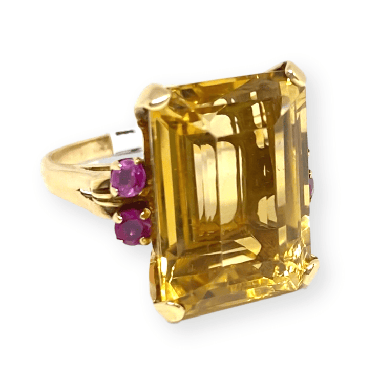 Mark Areias Jewelers Jewellery & Watches Lady's Emerald Cut Citrine & Ruby Ring 14K Rose Gold 13.63 Carat