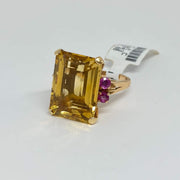Mark Areias Jewelers Jewellery & Watches Lady's Emerald Cut Citrine & Ruby Ring 14K Rose Gold 13.63 Carat