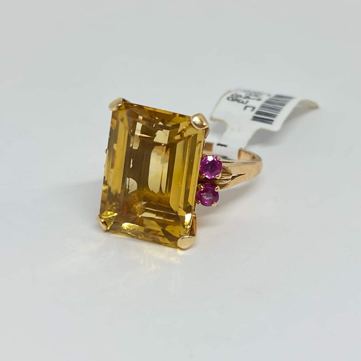 Mark Areias Jewelers Jewellery & Watches Lady's Emerald Cut Citrine & Ruby Ring 14K Rose Gold 13.63 Carat