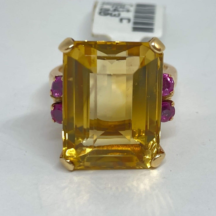 Mark Areias Jewelers Jewellery & Watches Lady's Emerald Cut Citrine & Ruby Ring 14K Rose Gold 13.63 Carat