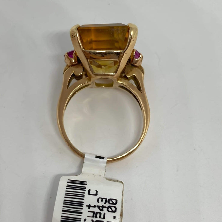 Mark Areias Jewelers Jewellery & Watches Lady's Emerald Cut Citrine & Ruby Ring 14K Rose Gold 13.63 Carat