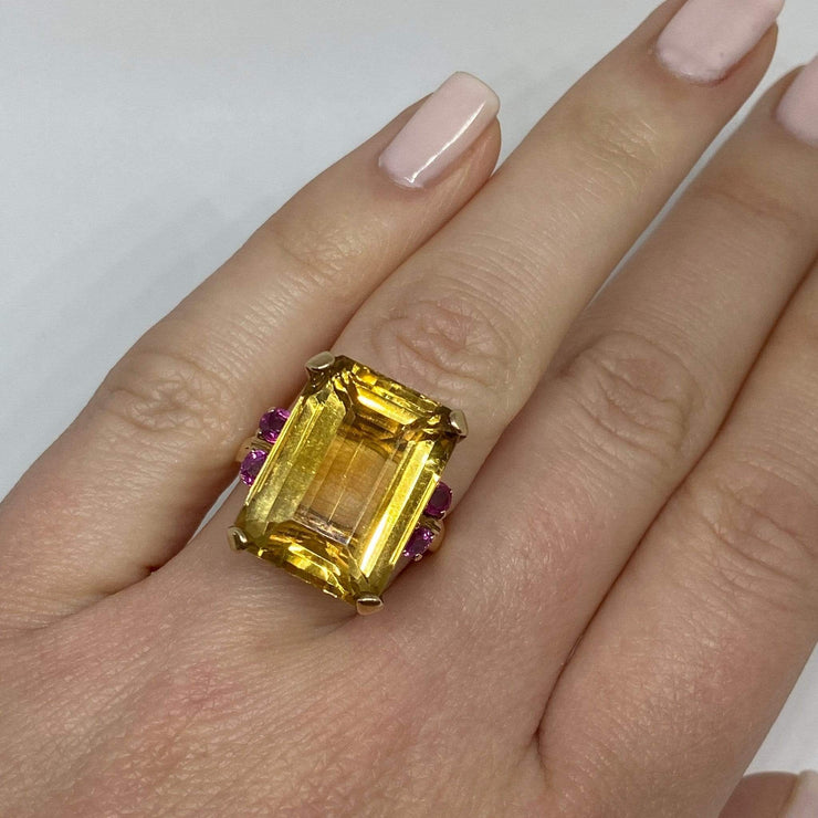 Mark Areias Jewelers Jewellery & Watches Lady's Emerald Cut Citrine & Ruby Ring 14K Rose Gold 13.63 Carat