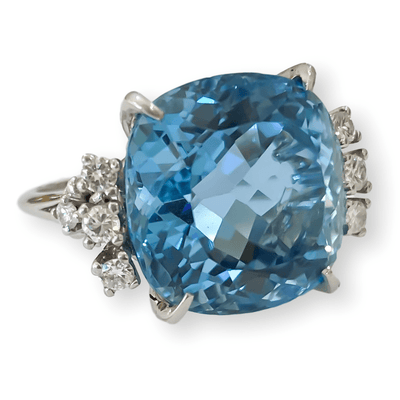 Mark Areias Jewelers Jewellery & Watches Lady's Estate Fine Cushion Aquamarine & Diamond Ring 18K White Gold 18.62 Carat