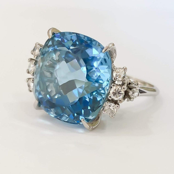 Mark Areias Jewelers Jewellery & Watches Lady's Estate Fine Cushion Aquamarine & Diamond Ring 18K White Gold 18.62 Carat