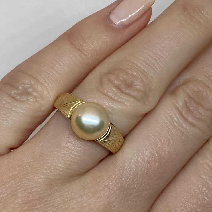 Mark Areias Jewelers Jewellery & Watches Lady's Estate Freshwater Golden Button Pearl 14K Yellow Gold Carved Ring