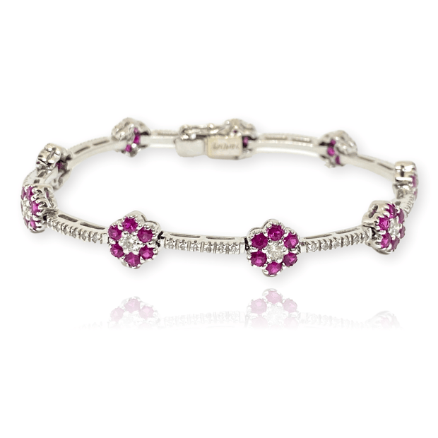 Mark Areias Jewelers Jewellery & Watches Lady's Natural Pink Sapphire Flower Link Pave Bracelet 3.48CTW 14KW 7.25"