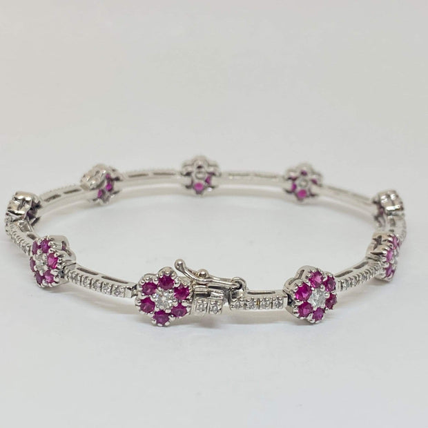 Mark Areias Jewelers Jewellery & Watches Lady's Natural Pink Sapphire Flower Link Pave Bracelet 3.48CTW 14KW 7.25"