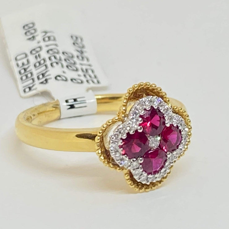 Mark Areias Jewelers Jewellery & Watches Lady's Natural Ruby & Diamond Cloverleaf Clover Ring 18K Yellow Gold 1.13 Carat