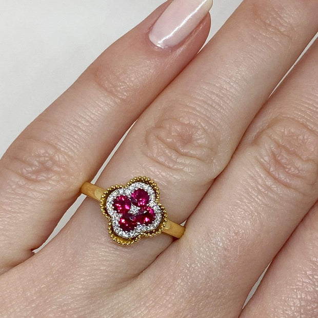 Mark Areias Jewelers Jewellery & Watches Lady's Natural Ruby & Diamond Cloverleaf Clover Ring 18K Yellow Gold 1.13 Carat