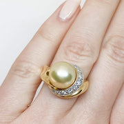Mark Areias Jewelers Jewellery & Watches Lady's South Sea Golden Round Pearl 14K Yellow Gold Diamond Ring 11.50mm .30CTW