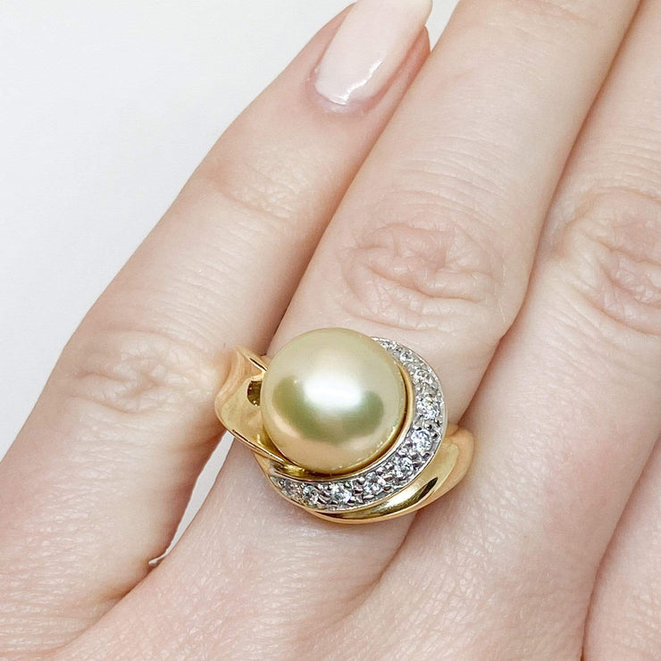 Mark Areias Jewelers Jewellery & Watches Lady's South Sea Golden Round Pearl 14K Yellow Gold Diamond Ring 11.50mm .30CTW