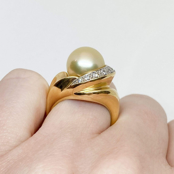 Mark Areias Jewelers Jewellery & Watches Lady's South Sea Golden Round Pearl 14K Yellow Gold Diamond Ring 11.50mm .30CTW