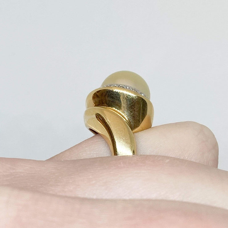 Mark Areias Jewelers Jewellery & Watches Lady's South Sea Golden Round Pearl 14K Yellow Gold Diamond Ring 11.50mm .30CTW