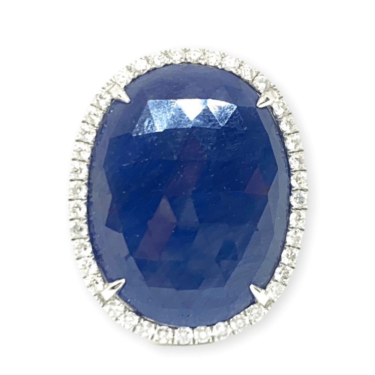 Mark Areias Jewelers Jewellery & Watches Large Oval Cabochon Slice Blue Sapphire & Diamond Halo Ring 18KW 17.07CT