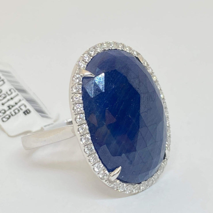 Mark Areias Jewelers Jewellery & Watches Large Oval Cabochon Slice Blue Sapphire & Diamond Halo Ring 18KW 17.07CT