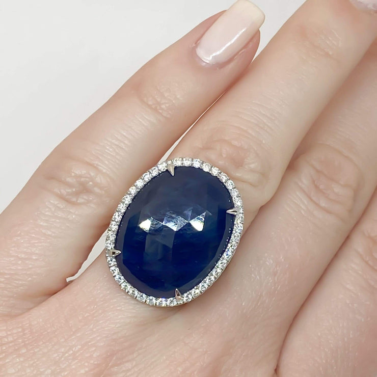 Mark Areias Jewelers Jewellery & Watches Large Oval Cabochon Slice Blue Sapphire & Diamond Halo Ring 18KW 17.07CT