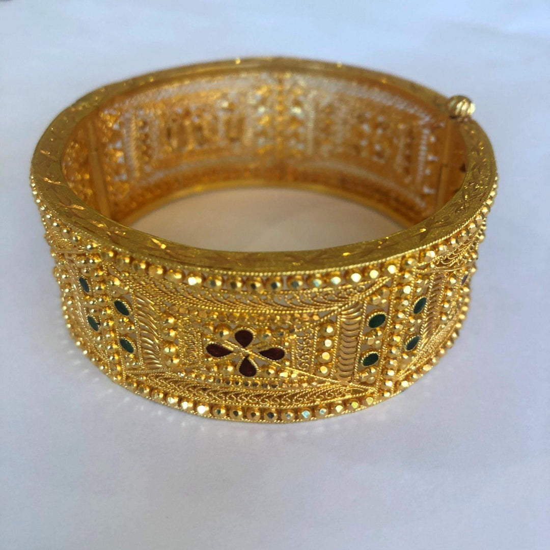 21K Enamel Middle Eastern Style Red and Green Wide Bangle Bracelet