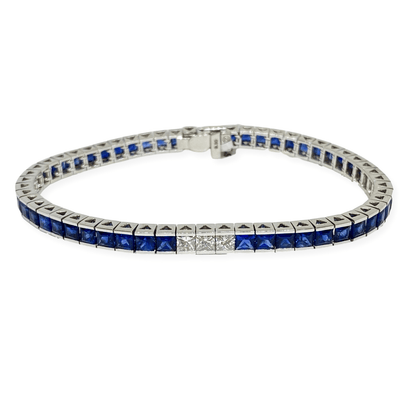 Mark Areias Jewelers Jewellery & Watches Natural Blue Sapphire & Diamond Princess Cut Channel Tennis Bracelet 9.30CTW 18K