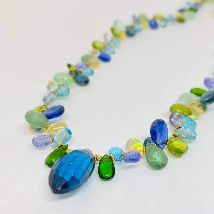Mark Areias Jewelers Jewellery & Watches Natural Multi Colored Gemstone Necklace Blue Briolette Topaz Tanzanite Opal 18KY
