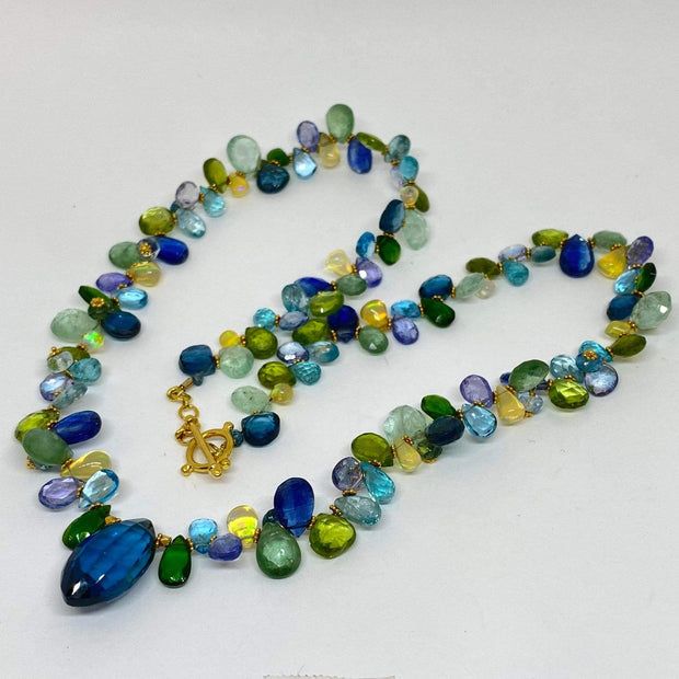 Mark Areias Jewelers Jewellery & Watches Natural Multi Colored Gemstone Necklace Blue Briolette Topaz Tanzanite Opal 18KY