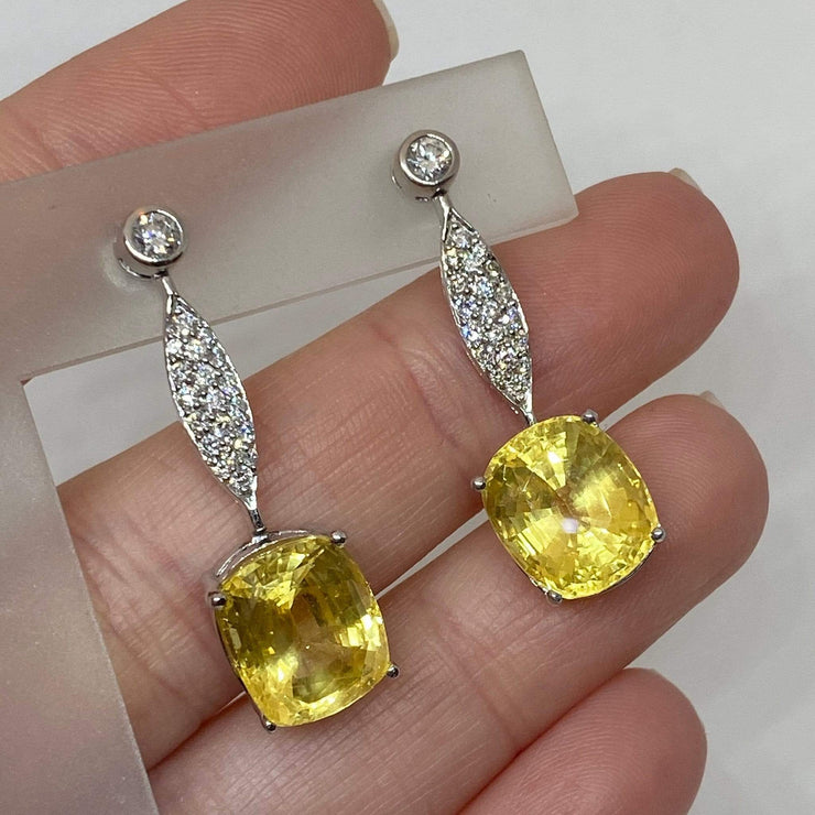 Mark Areias Jewelers Jewellery & Watches Natural NO HEAT Yellow Sapphire Oval Dangle Drop Diamond Earrings 18KW 16.60CTW