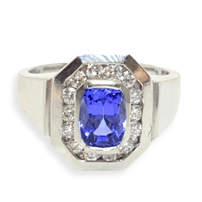 Mark Areias Jewelers Jewellery & Watches Natural Oval Tanzanite & Diamond Halo Octagon Ring Platinum 1.01 Carat