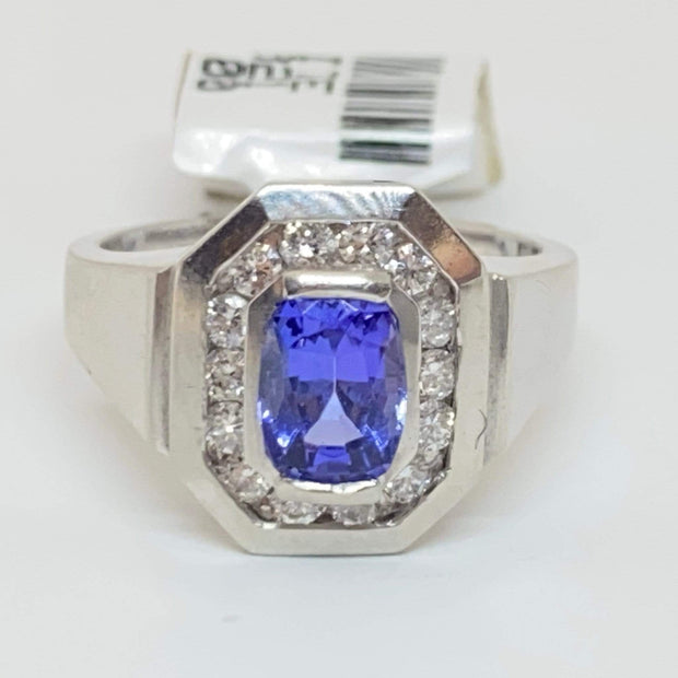 Mark Areias Jewelers Jewellery & Watches Natural Oval Tanzanite & Diamond Halo Octagon Ring Platinum 1.01 Carat