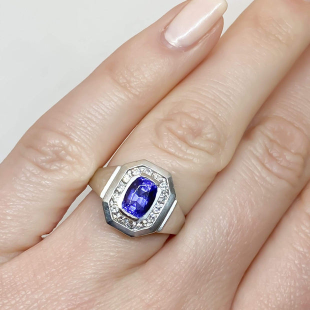 Mark Areias Jewelers Jewellery & Watches Natural Oval Tanzanite & Diamond Halo Octagon Ring Platinum 1.01 Carat