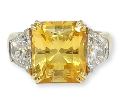 Mark Areias Jewelers Jewellery & Watches Natural Radiant Yellow Sapphire & Trapezoid Diamond Platinum 18KY Ring 8.16CT