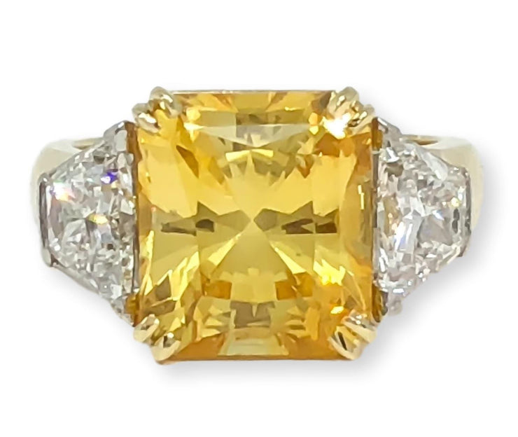 Mark Areias Jewelers Jewellery & Watches Natural Radiant Yellow Sapphire & Trapezoid Diamond Platinum 18KY Ring 8.16CT
