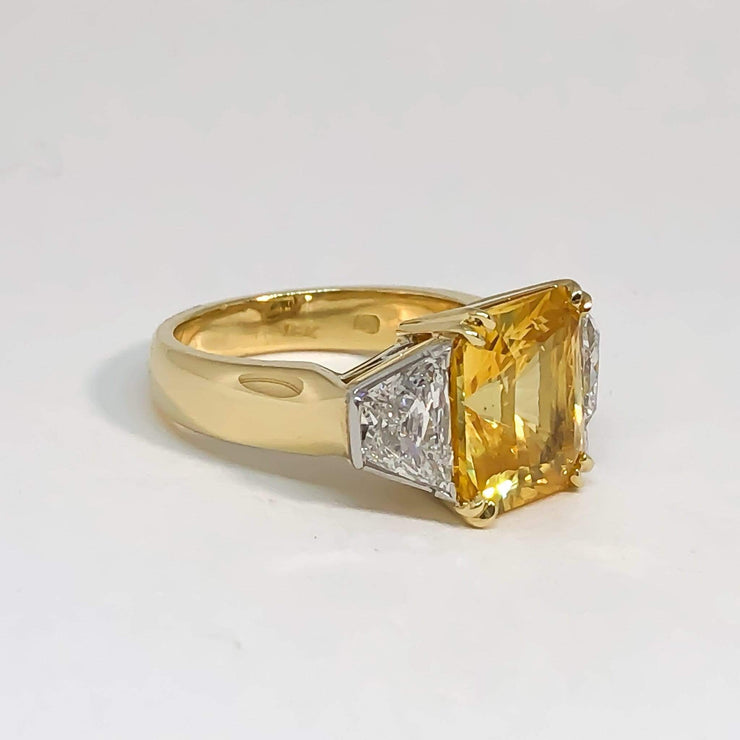 Mark Areias Jewelers Jewellery & Watches Natural Radiant Yellow Sapphire & Trapezoid Diamond Platinum 18KY Ring 8.16CT
