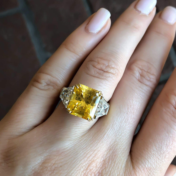 Mark Areias Jewelers Jewellery & Watches Natural Radiant Yellow Sapphire & Trapezoid Diamond Platinum 18KY Ring 8.16CT