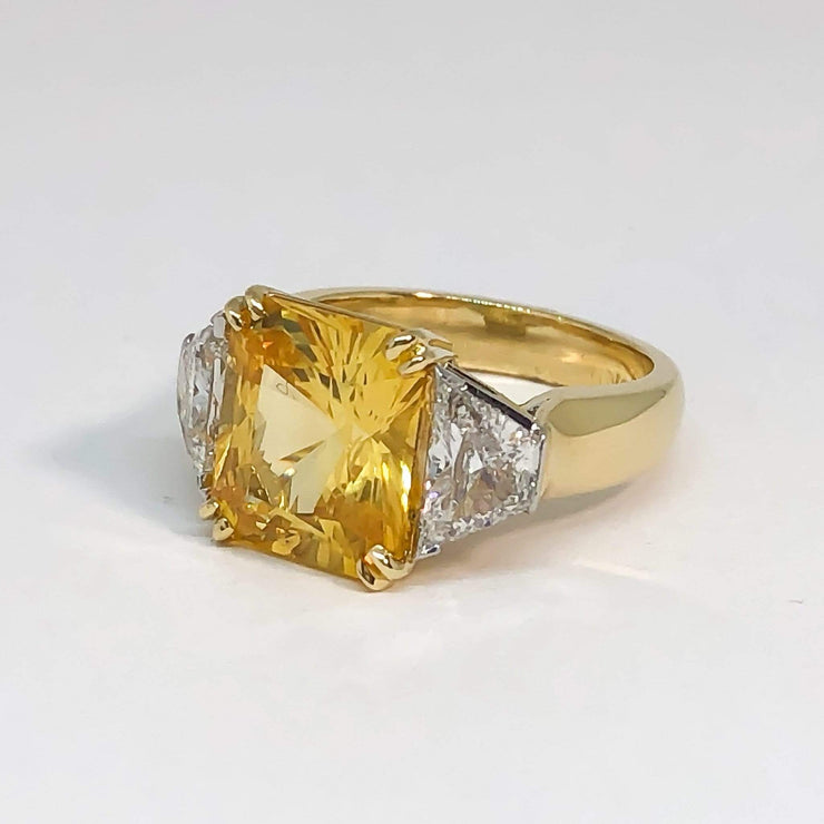 Mark Areias Jewelers Jewellery & Watches Natural Radiant Yellow Sapphire & Trapezoid Diamond Platinum 18KY Ring 8.16CT