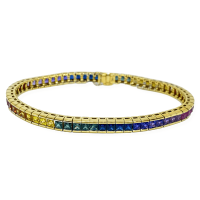 Mark Areias Jewelers Jewellery & Watches Natural Rainbow Sapphire Princess Cut Channel Tennis Bracelet 12.50 CTW 14KY