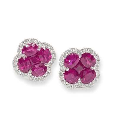 Mark Areias Jewelers Jewellery & Watches Natural Ruby Oval Cluster Flower Clover Post Earrings 18K White Gold 1.81ctw