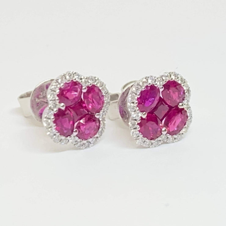 Mark Areias Jewelers Jewellery & Watches Natural Ruby Oval Cluster Flower Clover Post Earrings 18K White Gold 1.81ctw