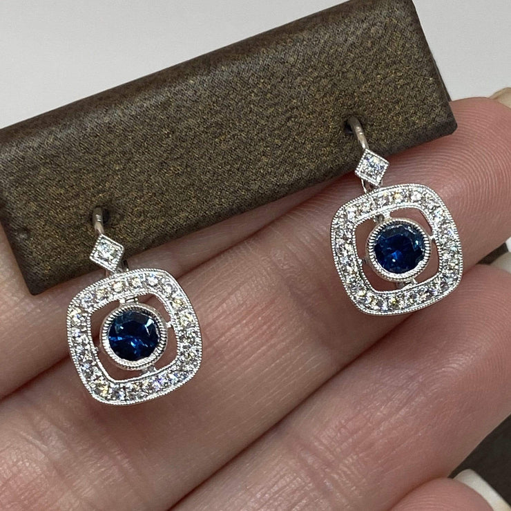 Mark Areias Jewelers Jewellery & Watches Natural Sapphire Diamond Halo Lever Back Dangle Earrings 18K White Gold