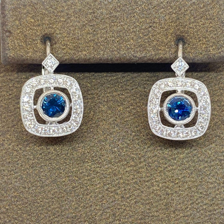 Mark Areias Jewelers Jewellery & Watches Natural Sapphire Diamond Halo Lever Back Dangle Earrings 18K White Gold