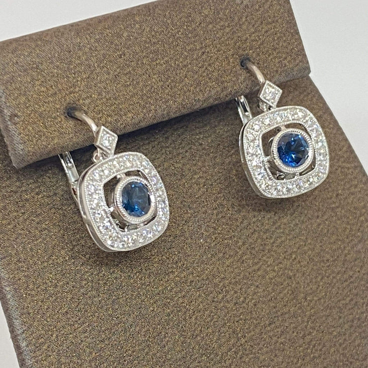 Mark Areias Jewelers Jewellery & Watches Natural Sapphire Diamond Halo Lever Back Dangle Earrings 18K White Gold