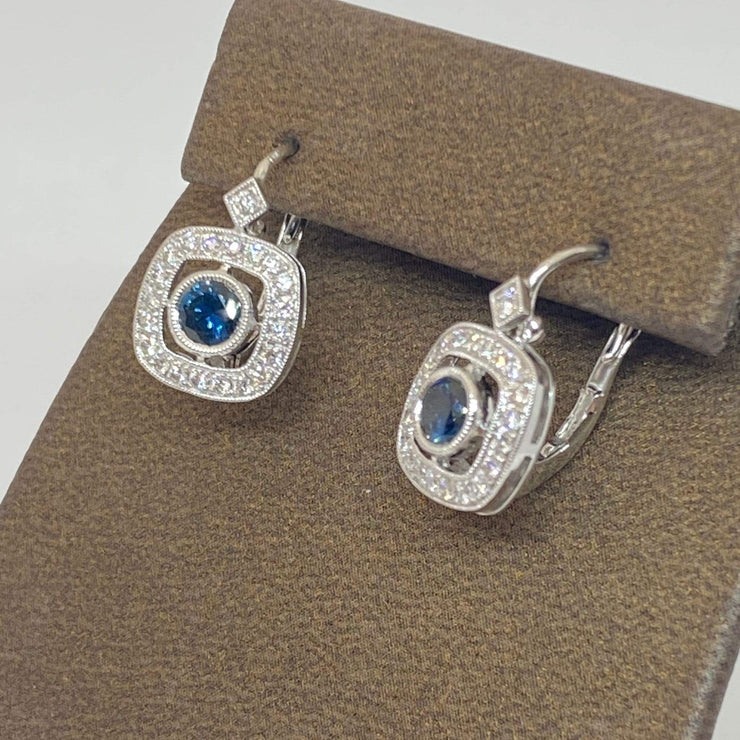Mark Areias Jewelers Jewellery & Watches Natural Sapphire Diamond Halo Lever Back Dangle Earrings 18K White Gold
