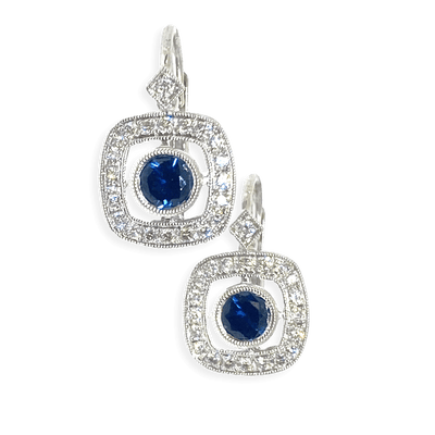 Mark Areias Jewelers Jewellery & Watches Natural Sapphire Diamond Halo Lever Back Dangle Earrings 18K White Gold