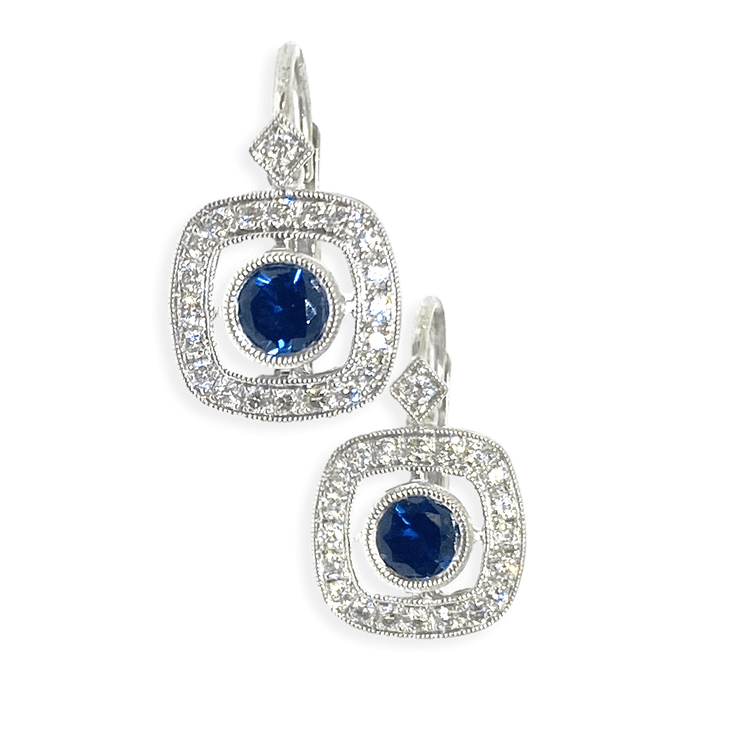 Mark Areias Jewelers Jewellery & Watches Natural Sapphire Diamond Halo Lever Back Dangle Earrings 18K White Gold