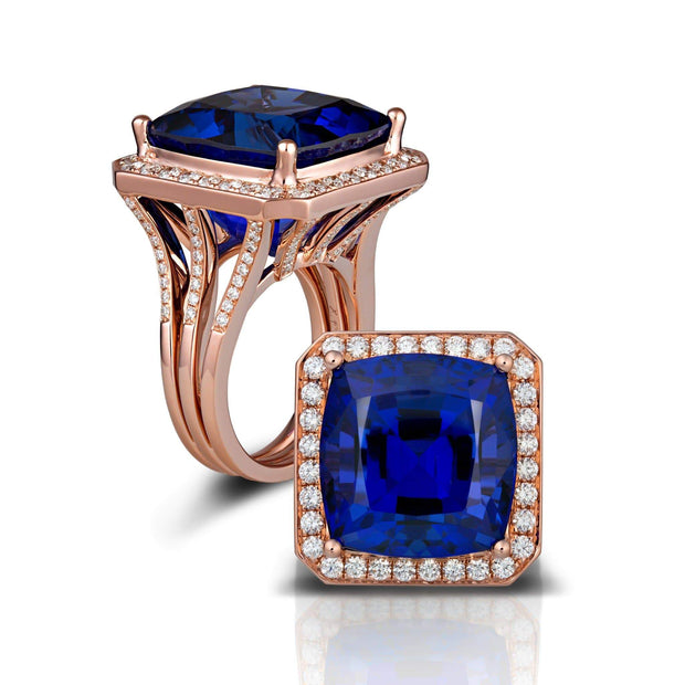 Mark Areias Jewelers Jewellery & Watches Natural Tanzanite Cushion Cut in 18K Rose Gold Diamond Custom Ring Mounting