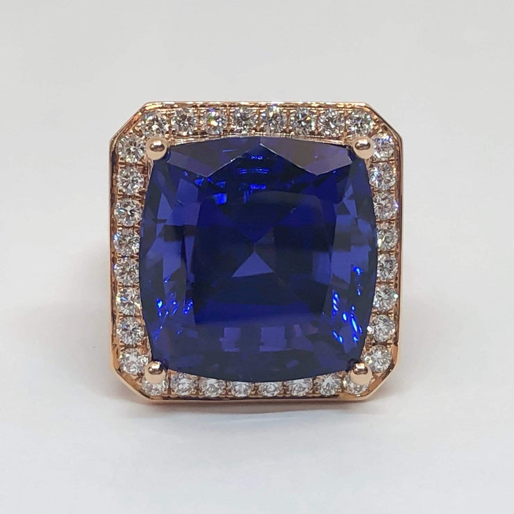 Mark Areias Jewelers Jewellery & Watches Natural Tanzanite Cushion Cut in 18K Rose Gold Diamond Custom Ring Mounting